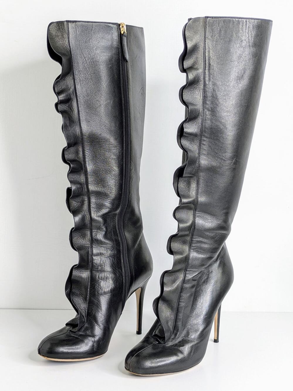 Valentino Garavani Tall Boots 38 Black Leather Stiletto Ruffle Zip Knee High